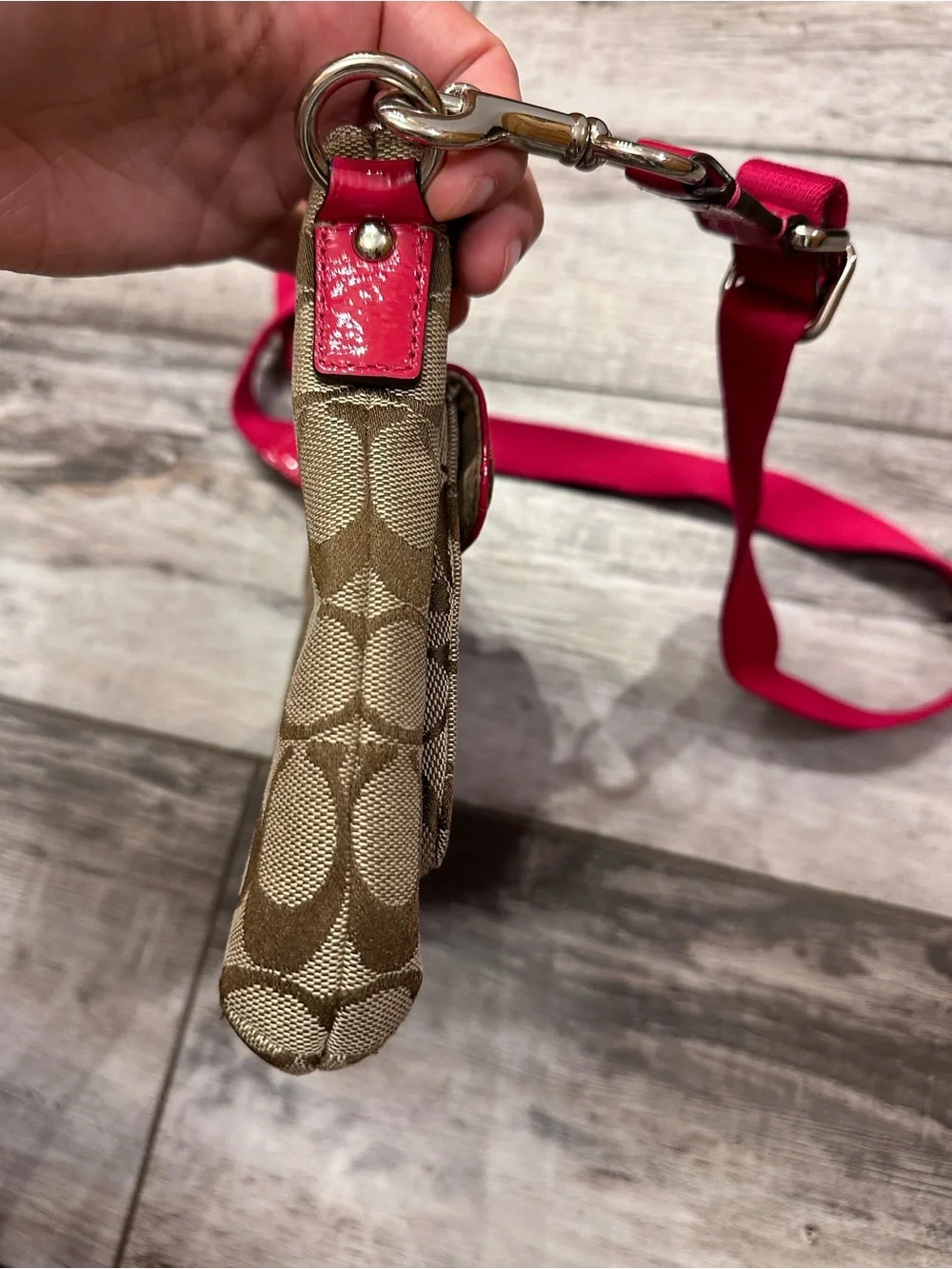 Coach Brown Signature Crossbody with Pink Trim and Strap